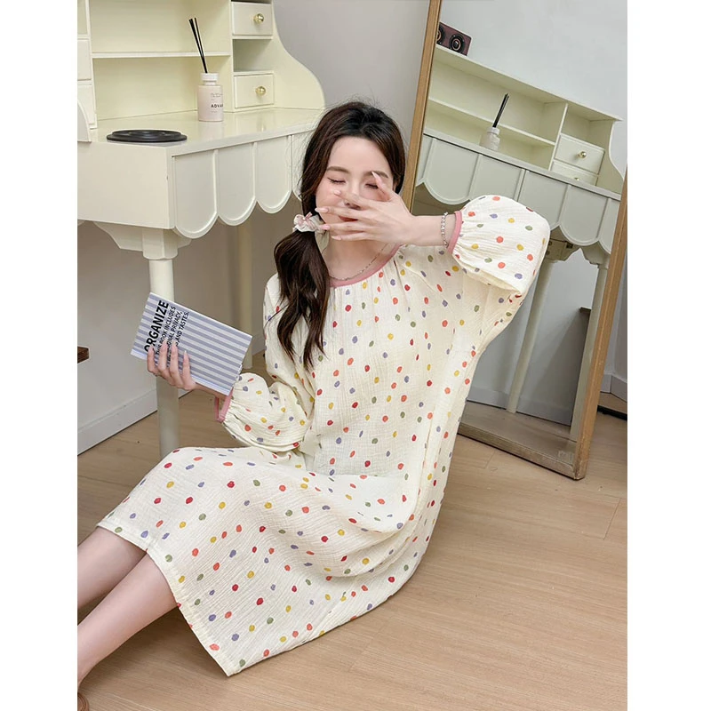 阿球【居家慵懒】甜美日系睡裙印花圆领棉连衣裙宽松遮肉大码睡裙夏