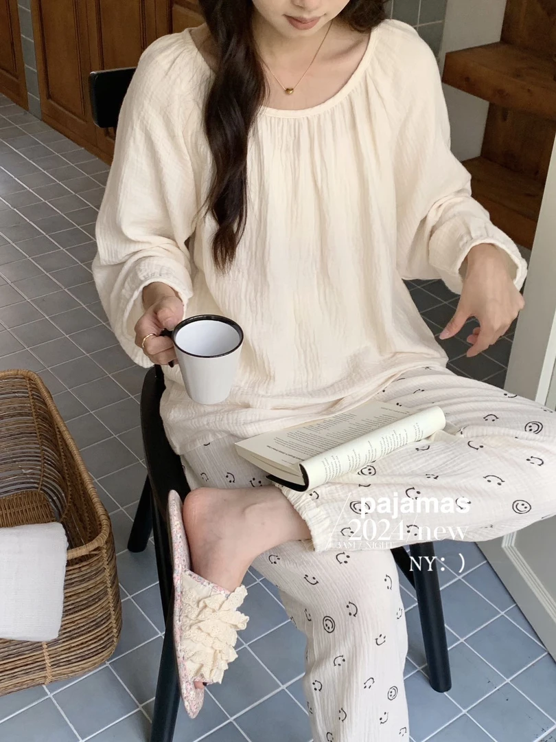 皱皱纱外穿家居服套装面料柔软舒适透气长袖纯棉春秋季甜美韩版