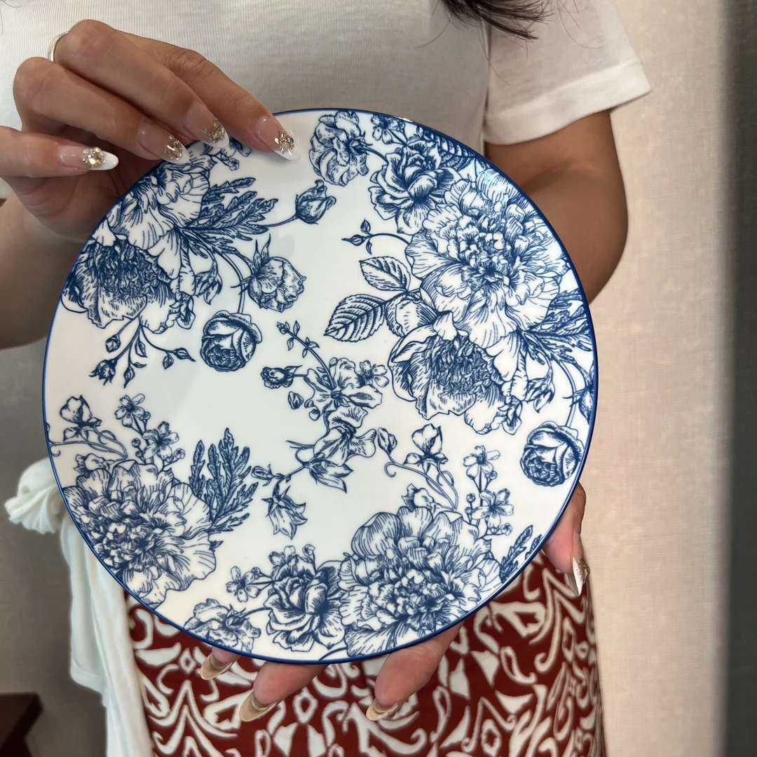 7.5寸青花欧式复古风饭盘釉下彩日式复古餐盘菜盘汤盘【到手四个】