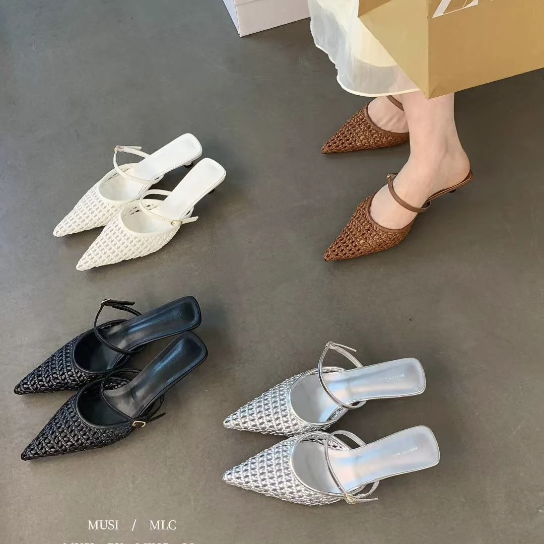 法式小跟高跟银色包头半拖鞋女鞋子外穿2025夏季网面编织尖头单鞋