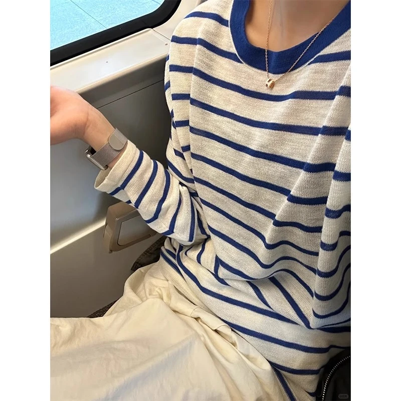 撞色条纹长袖防晒针织衫外套女春秋慵懒宽松薄款外搭套头上衣初夏