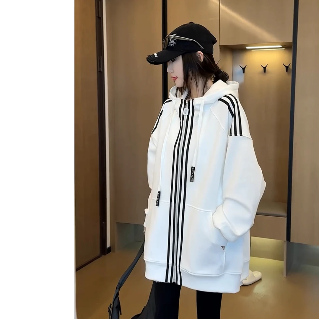 【赵一一】 春装新款休闲宽松条纹撞色卫衣外套男女同款 Y22863