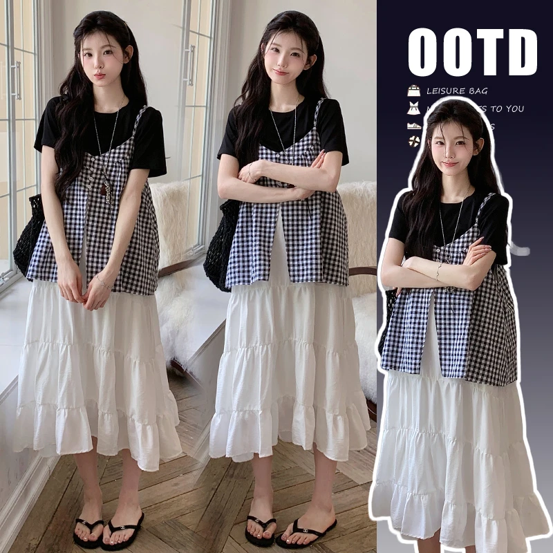 孕妇套装夏季新款高级感孕妈穿搭假两件格子吊带裙黑色打底两件套