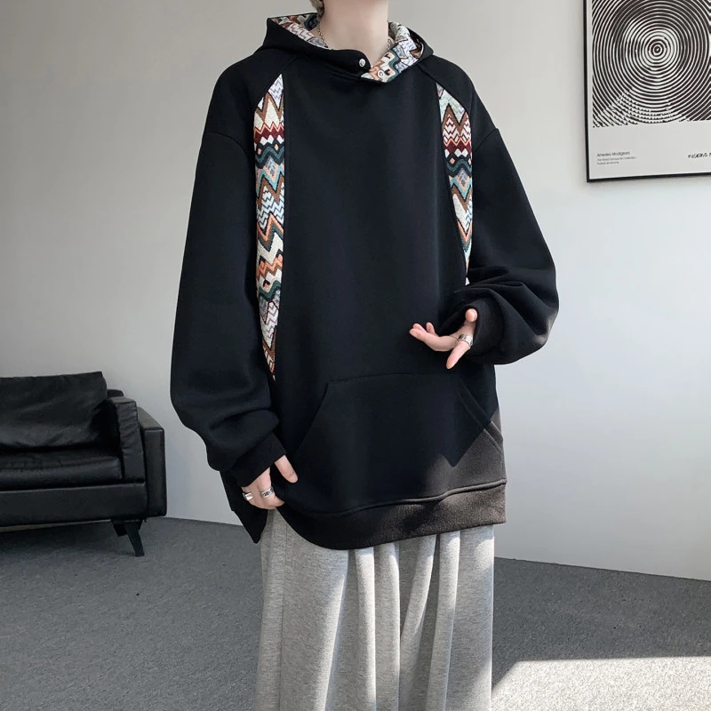 美式撞色拼接民族风连帽卫衣男生秋冬季重磅宽松加绒加厚情侣帽衫