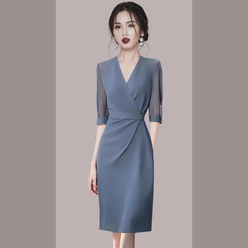 法式气质高级感蓝色雪纺连衣裙女装2025夏季新款正式场合名媛裙子