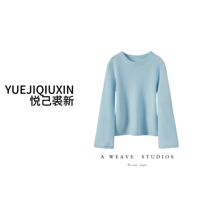 秋冬新款圆领100%纯山羊绒针织衫女纯色圆领宽松打底衫喇叭袖上衣