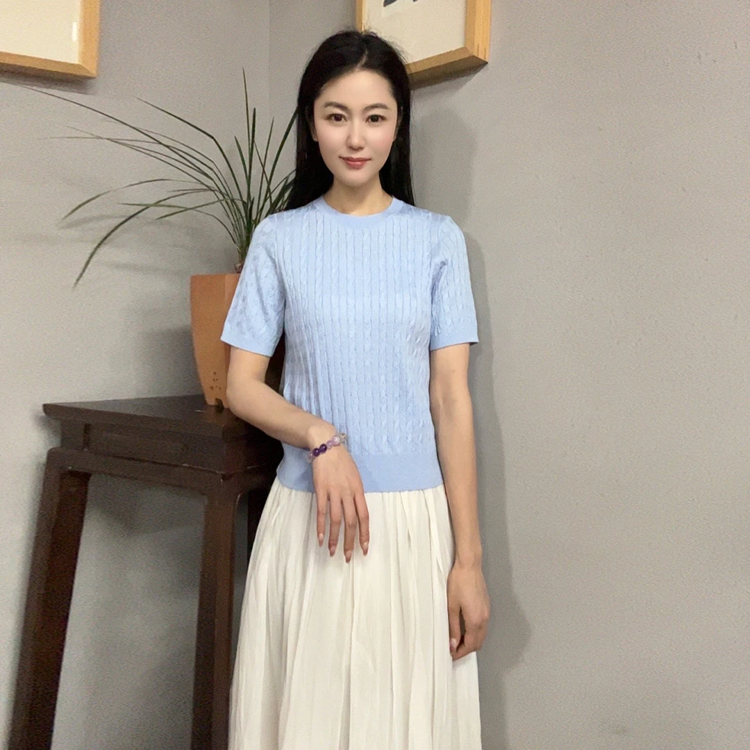 浒城古娘国风中式圆领减龄显瘦短袖夏季新款舒适针织上衣WG032708