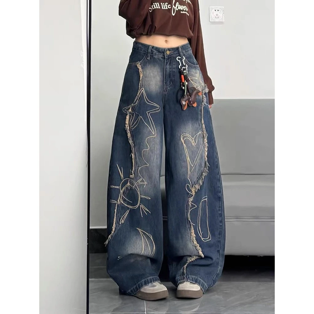迟星原创美式复古毛边刺绣水洗弯刀牛仔裤男女街头宽松阔腿拖地长