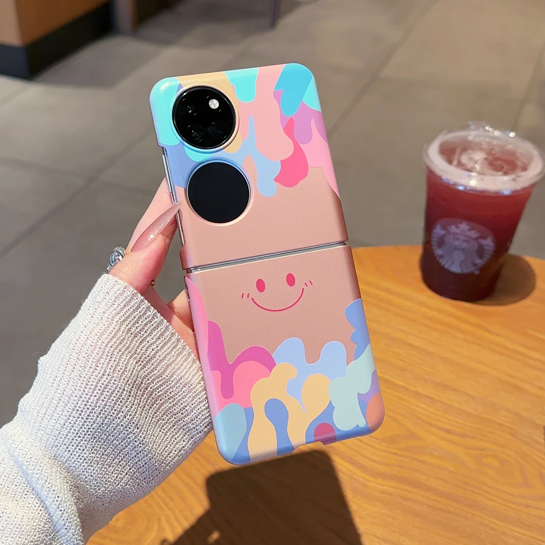 适用于【华为P50POCKET】涂鸦笑脸金属漆折叠创意支架手机壳女款