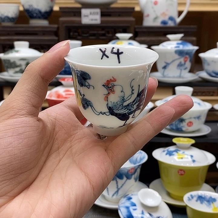 手绘公鸡主人杯75cc4个装釉下彩微瑕福利款