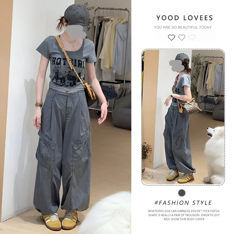 巨好看的夏装一整套女时尚减龄印花短袖t恤复古工装阔腿裤两件套