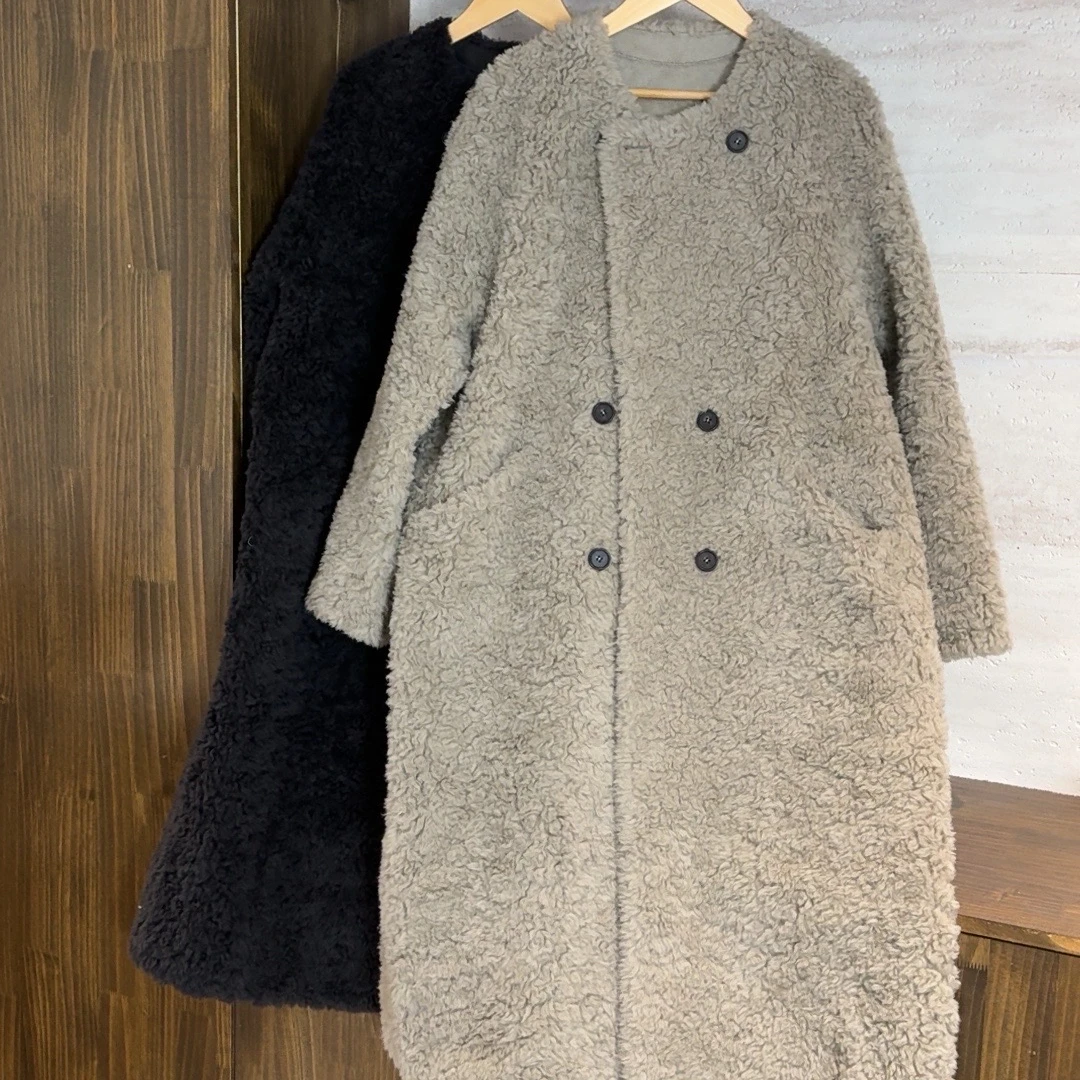 【冬末唱片】100%羊毛时尚百搭气质显瘦圆领长款毛毛保暖外套女上衣