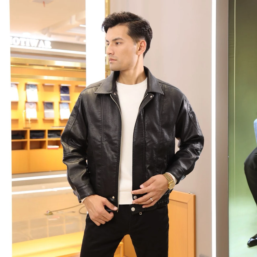 t81018黑色复古男款皮夹克