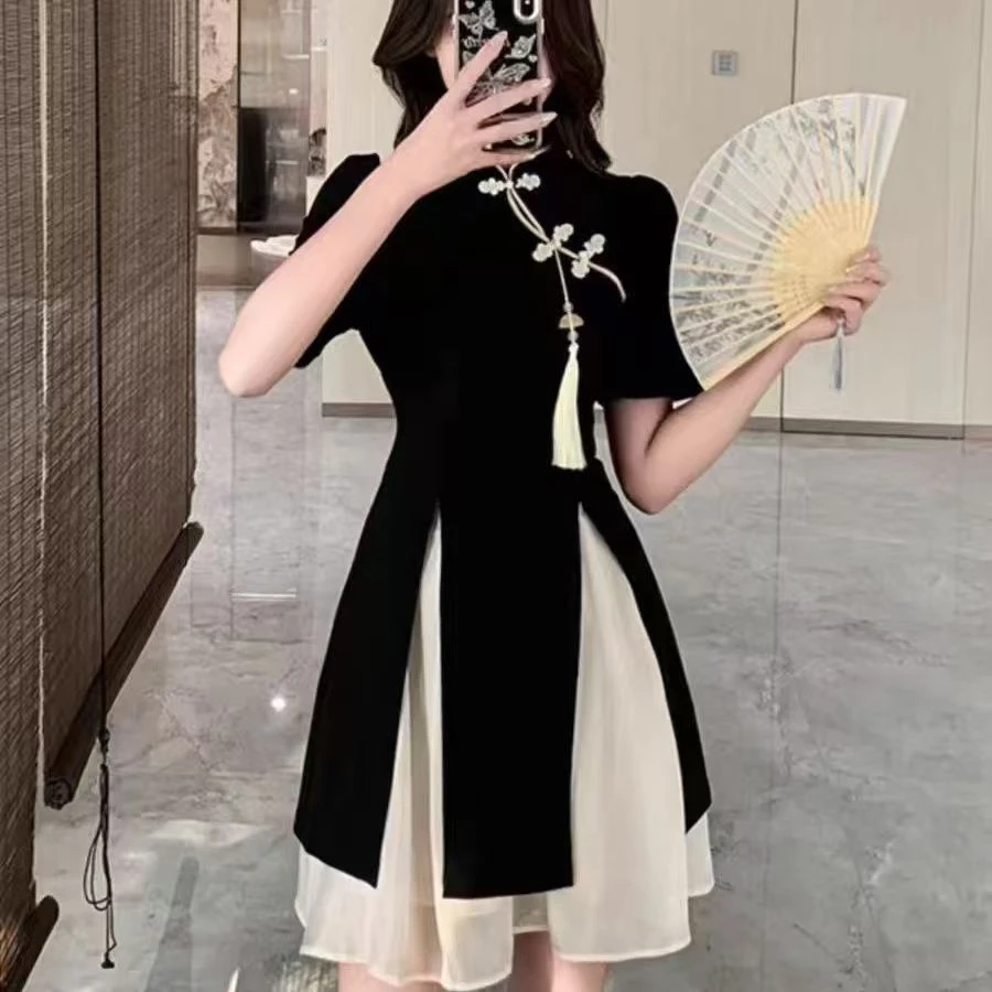 [小鱼家】新中式套装夏季2025新款显瘦轻旗袍盘扣上衣+网纱半身裙