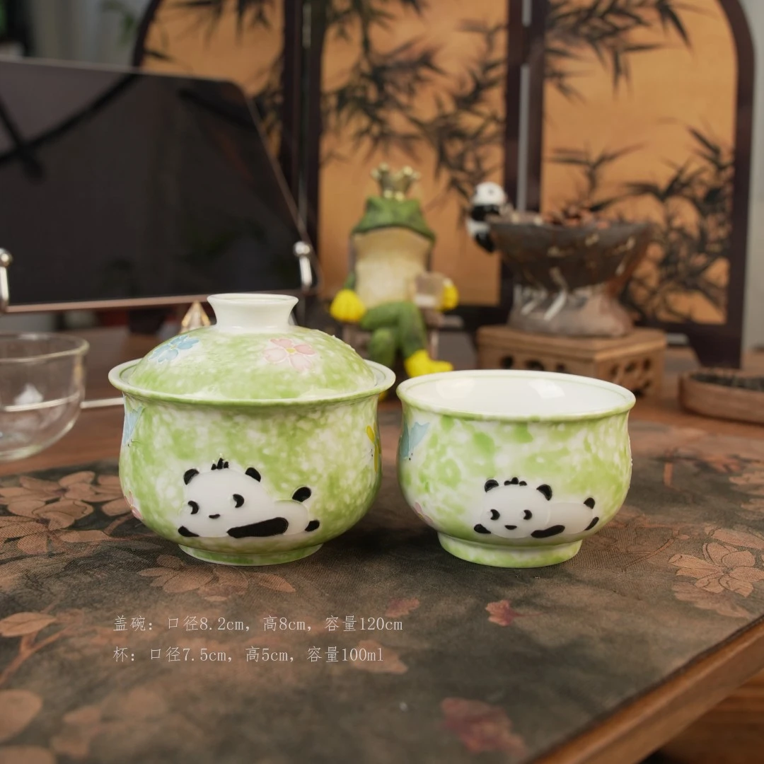 不知春丨手绘熊猫卧春图盖碗+主人杯整套茶具陶瓷