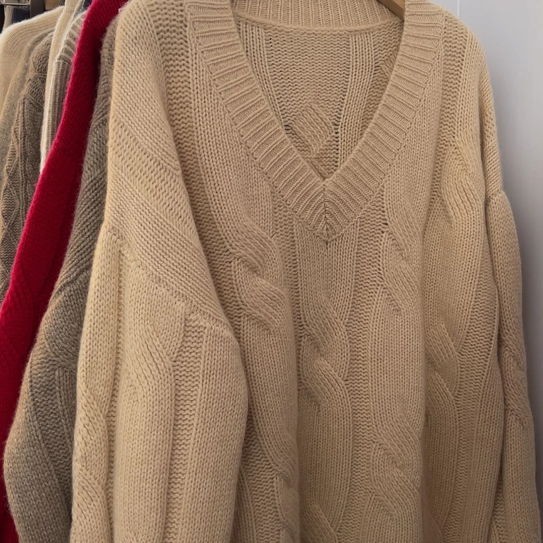 V领 大麻花 羊绒衫