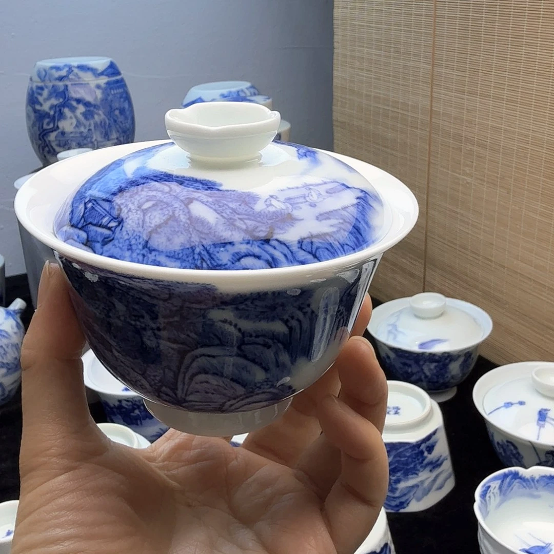 青花山水柴窑盖碗