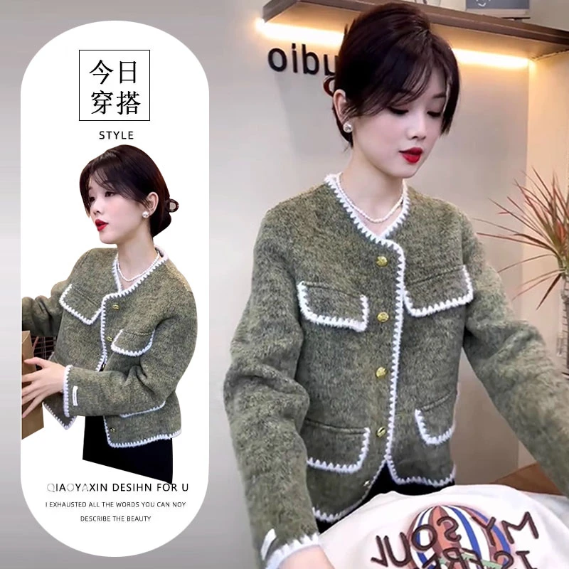 法式小香风绿色毛呢外套女2025秋冬新款设计感时尚气质小个子上衣