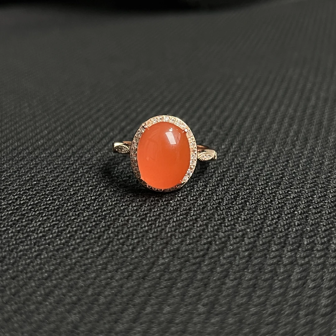 冰红南红玛瑙银镶开口戒指11mm