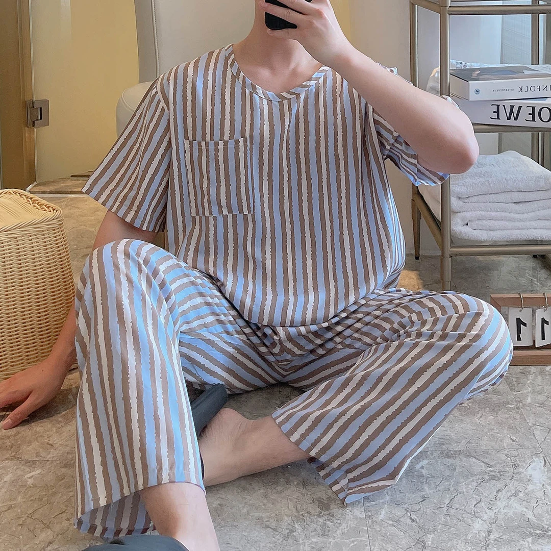2025年新款男士网红睡衣条纹宽松夏天夏季薄款棉家居服休闲套装