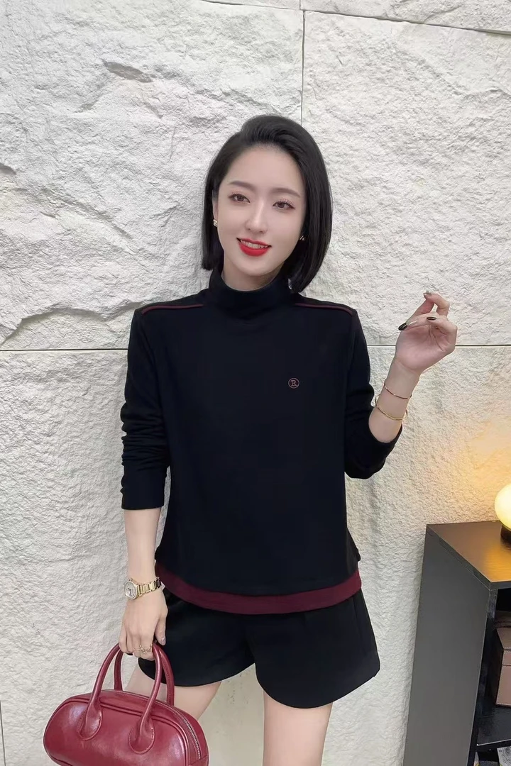 常规拼接圆领女士女卫衣打底长袖保暖加绒半高领秋冬气质加厚