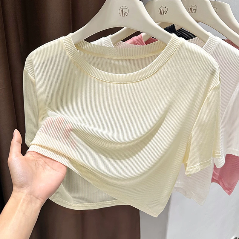 夏季爆款杏色软糯冰丝网纱短袖打底衫女高级感洋气小圆领T恤上衣