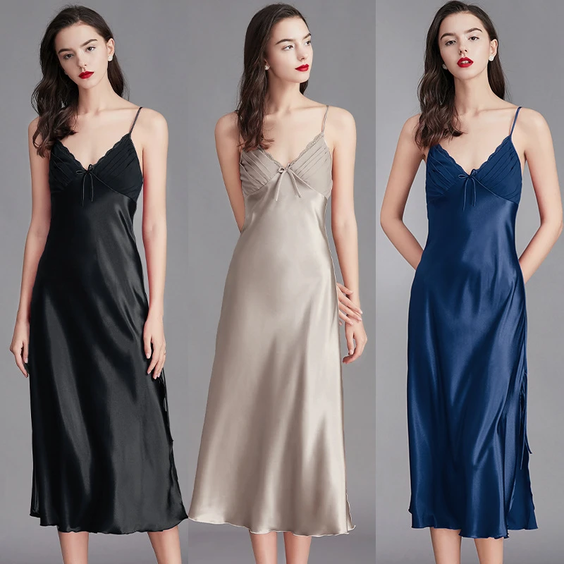 吊带睡衣女夏冰丝绸性感开叉长款睡裙蝴蝶结家居服