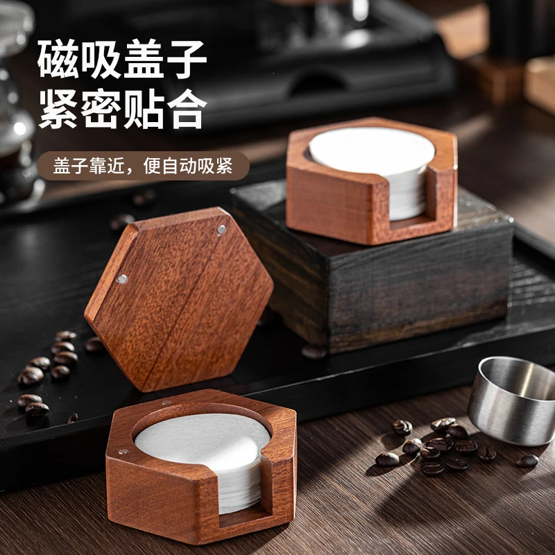 简约纯色复古配套器具创意磁吸实木家用圆形意式咖啡滤纸收纳底座