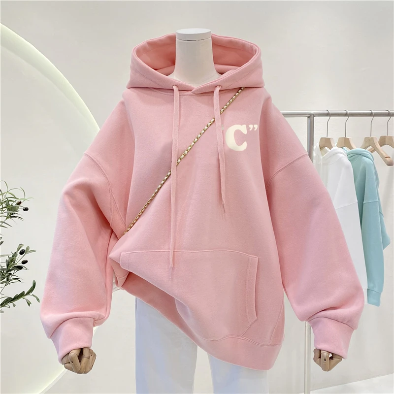 2025秋冬加绒oversize大码胖mm连帽卫衣女设计感小众宽松潮牌