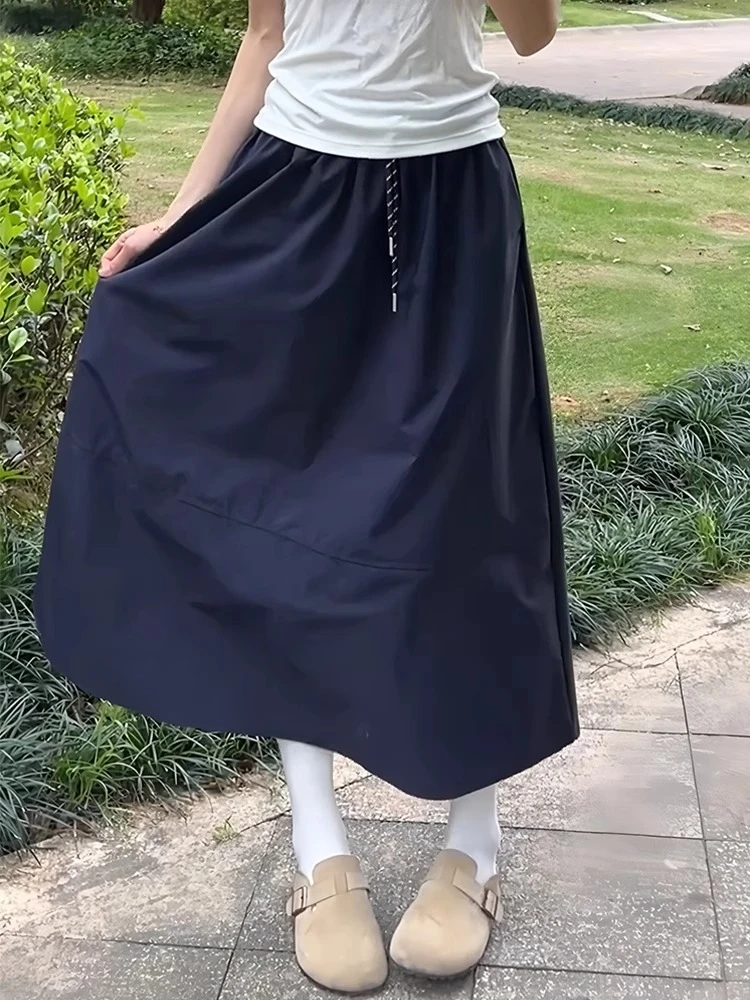 藏青色工装半身裙女夏季薄款大码胖mm高腰显瘦遮胯中长款a字伞裙