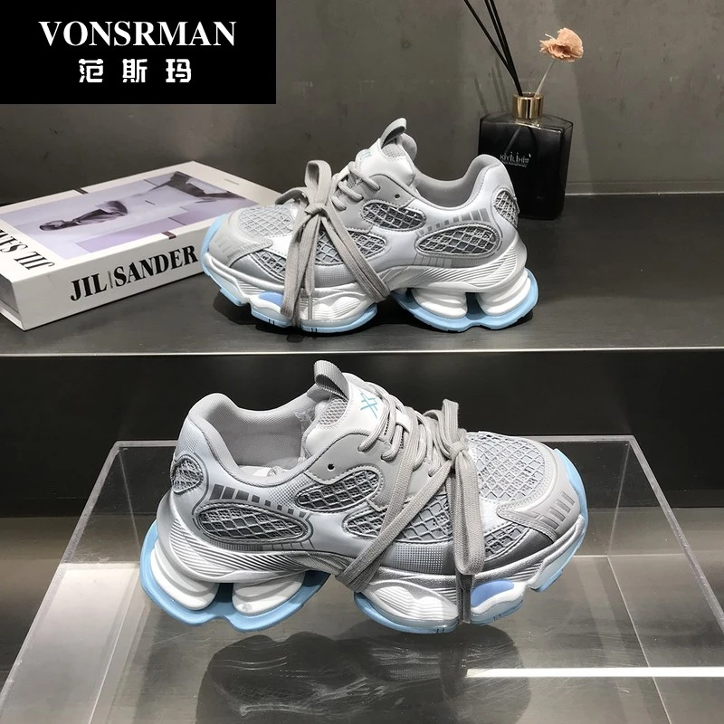 潮牌老爹鞋女2025春夏新款单网厚底增高6绑带休闲运动鞋子轻奢