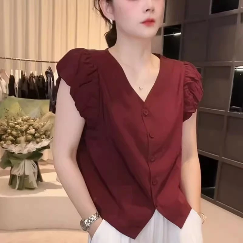 纯色V领泡泡袖衬衫女2025夏季新款韩版时尚小众气质百搭短袖上衣