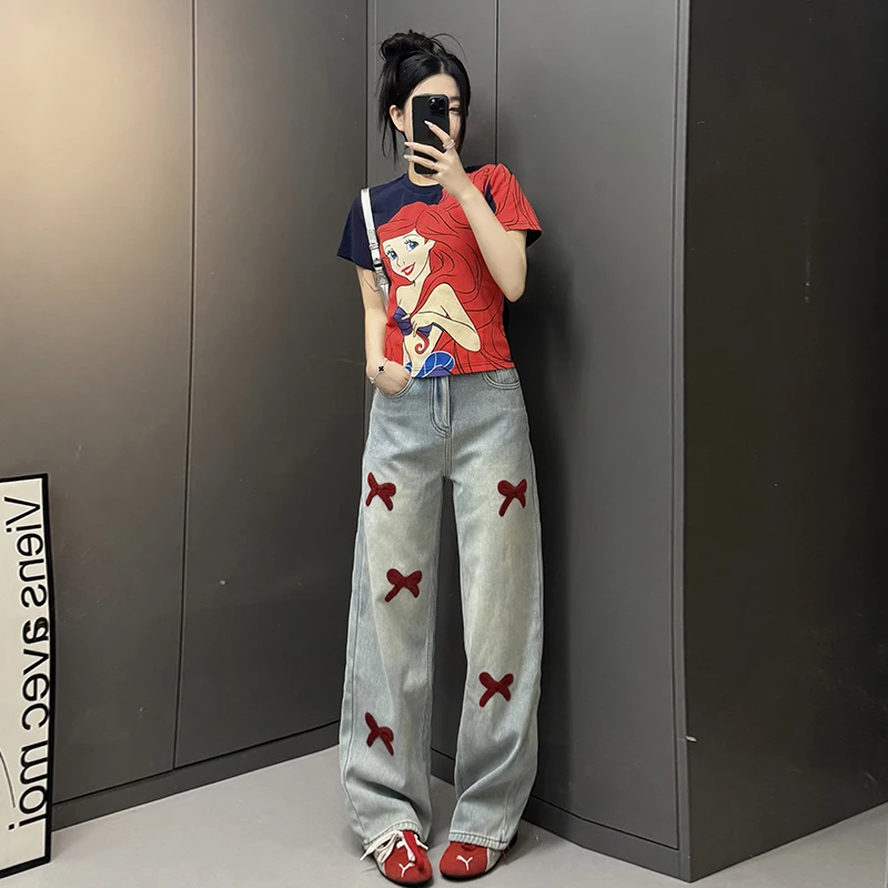 欧货高级感休闲运动套装女夏洋气拼色短袖上衣植绒牛仔裤两件套潮