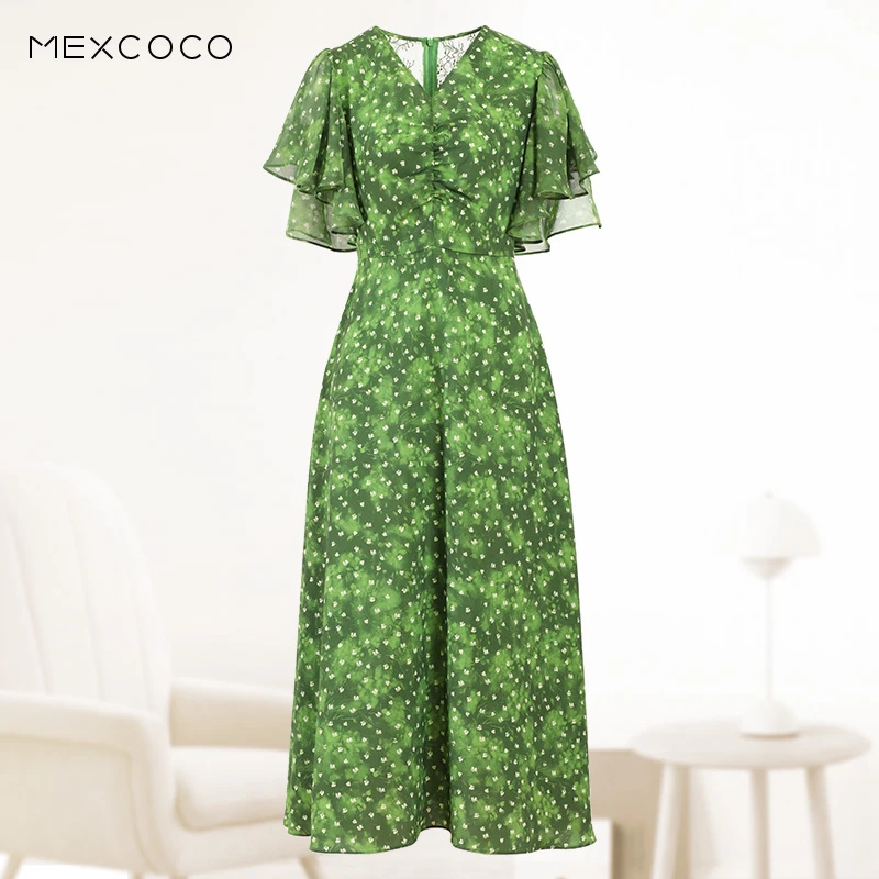 MEXCOCO/兰瑟儿夏季新款清新绿色蕾丝拼接碎花连衣裙105XL9443