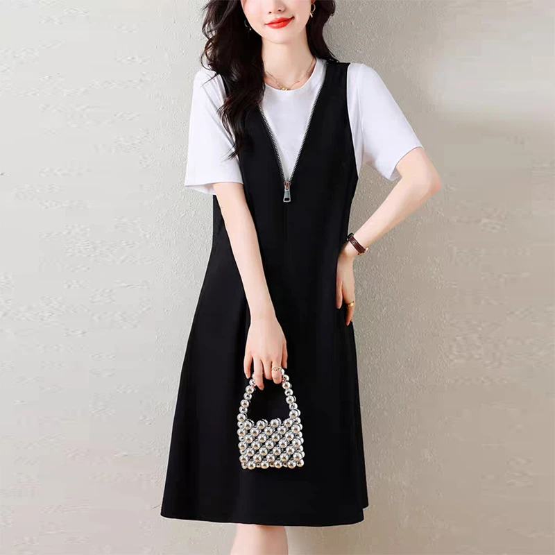 休闲舒适夏装短袖遮肉显瘦撞色拼接假两件气质圆领连衣裙