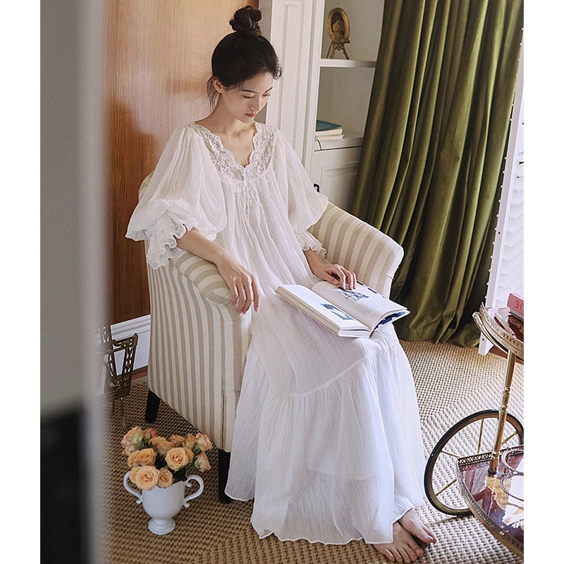 纯宫廷风棉睡裙女春季长袖甜美公主睡衣女蕾丝花边宽松大码家居服