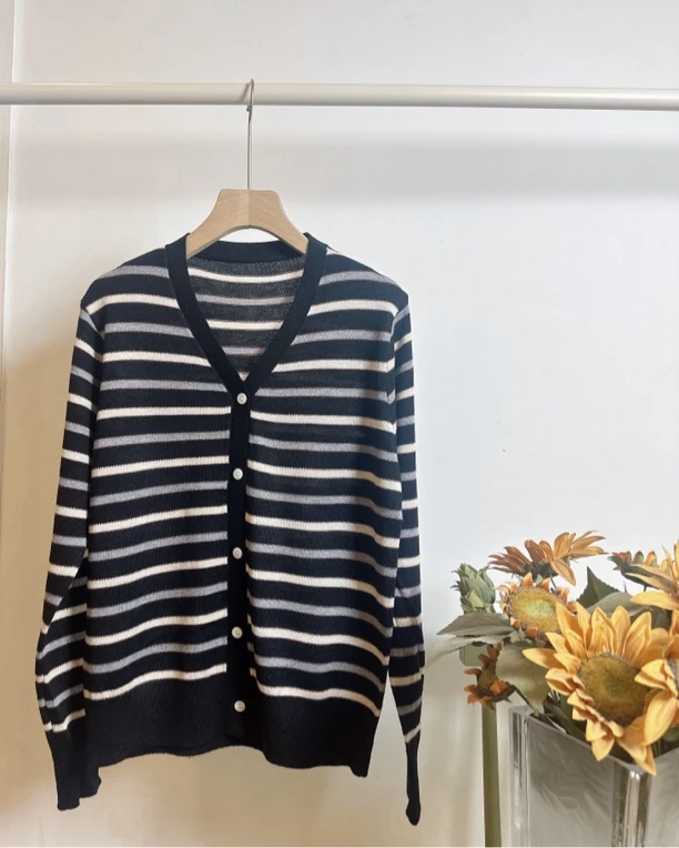 春夏经典百搭条纹针织开衫清凉长袖薄款上衣