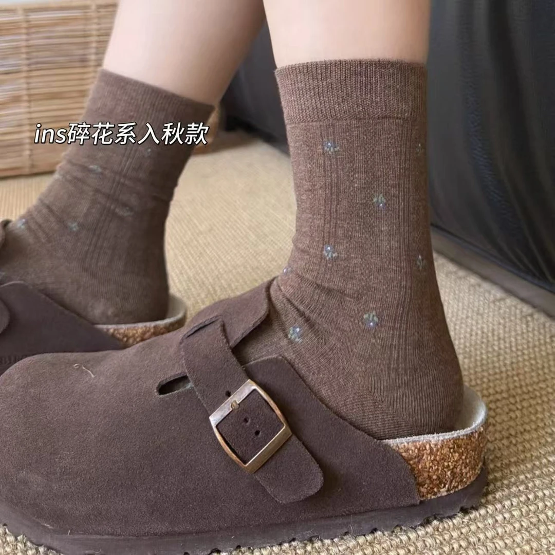 秋冬新款温柔小碎花袜子女士中筒袜ins风百搭堆堆袜长筒袜森系