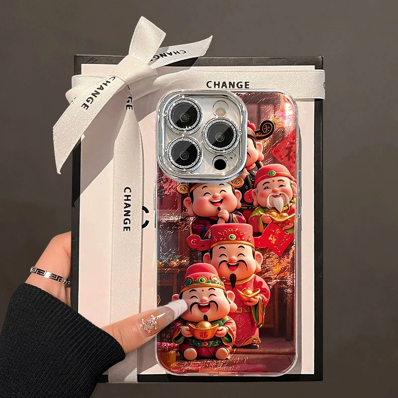五福财神适用苹果16vivo华为oppo小米iPhone精孔冰川纹手机壳