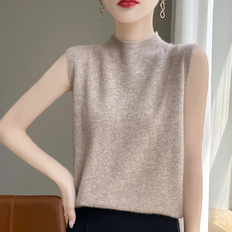 高领无袖针织打底衫女修身气质百搭短款毛针织衫秋冬纯色半高领