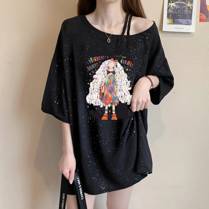 亮闪闪斜领短袖T恤女2025夏季爆款韩版时尚百搭宽松卡通上印花衣