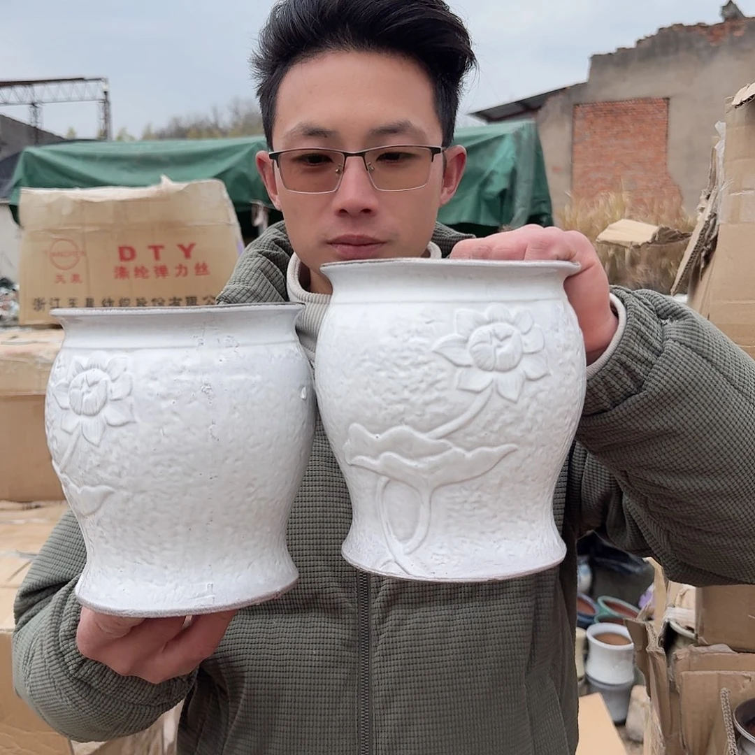 紫砂花盆口15高17.5（两个荷花白色文林