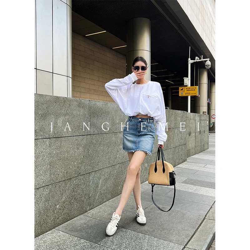 JANGHEMEI【纪念日】100%棉休闲抽绳下摆长袖短款卫衣 R29912M51