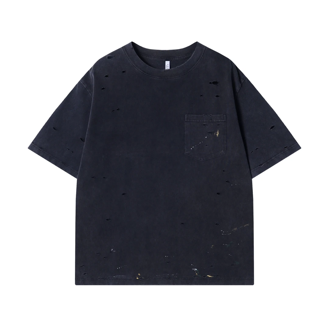 T515夏季男女新款黑色百搭宽松破洞个性设计师款韩版圆领半袖T恤