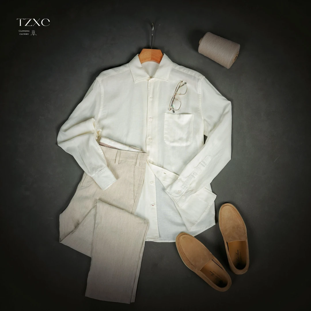 【55066-Z】高奢男装 2025夏款 男士100%雨露亚麻百搭宽松长袖衬衣