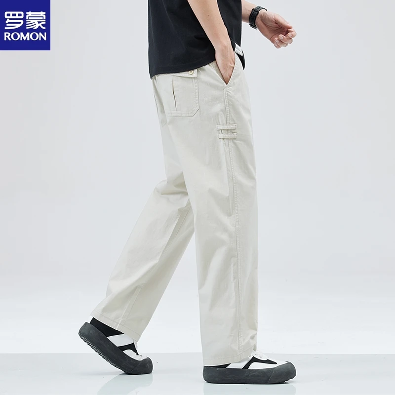 罗蒙休闲裤秋季复古牛仔裤男宽松直筒春秋阔腿咔叽大码裤子长裤