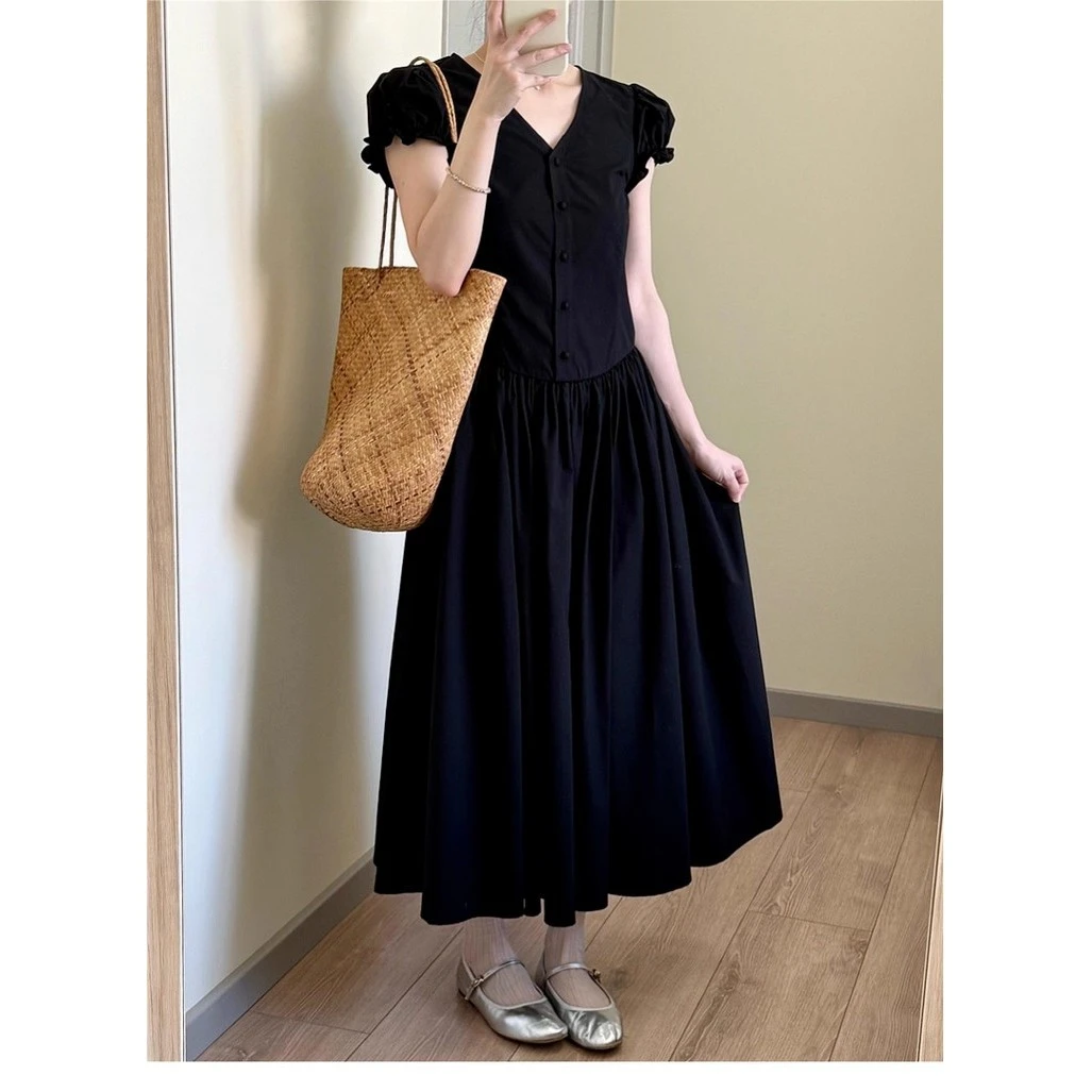 【现货+运补】气质v领黑色泡泡袖2025新赫本风收腰显瘦长裙6178