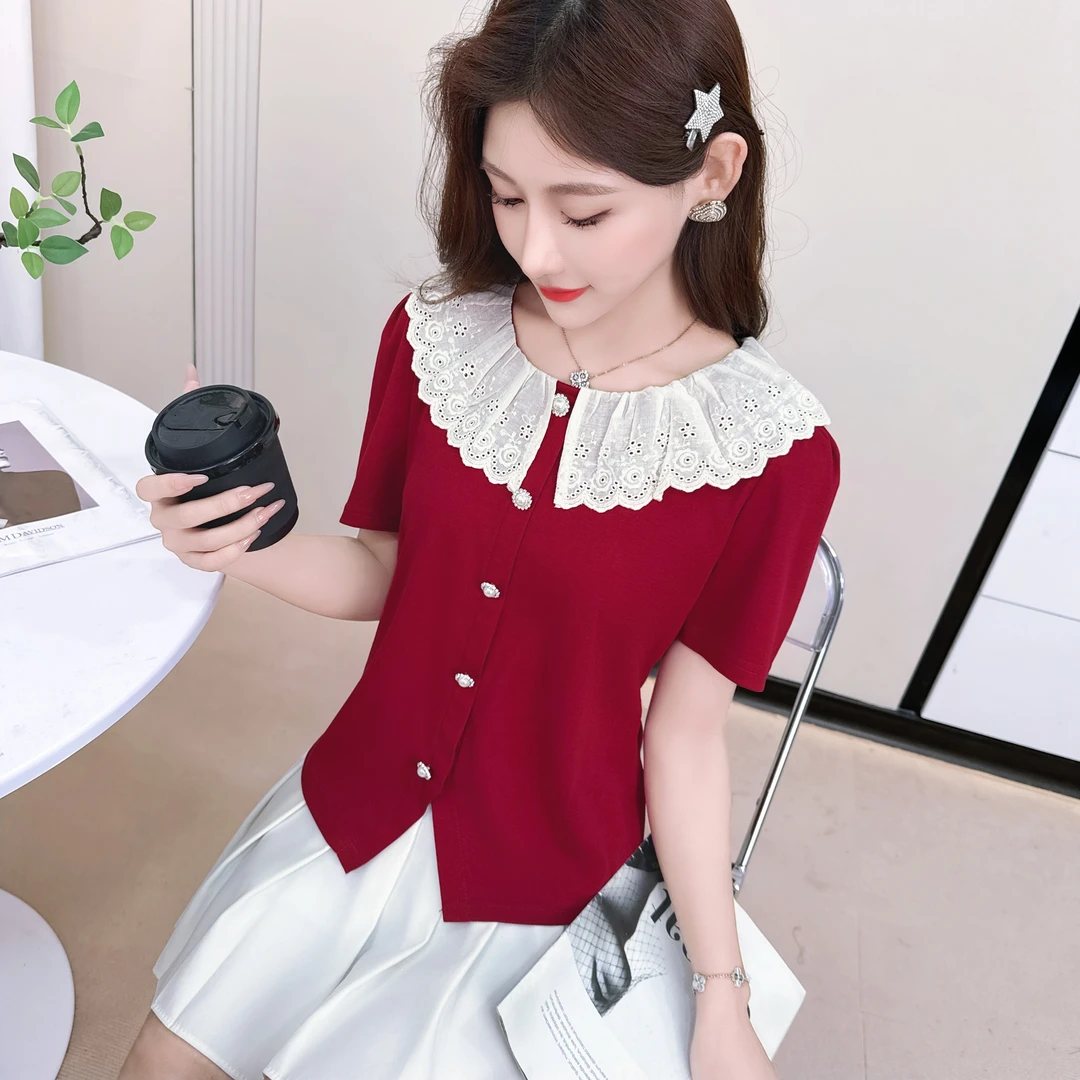 短袖女翻领撞色夏装减龄修身小众设计感气质泡泡袖T恤拼接两件套
