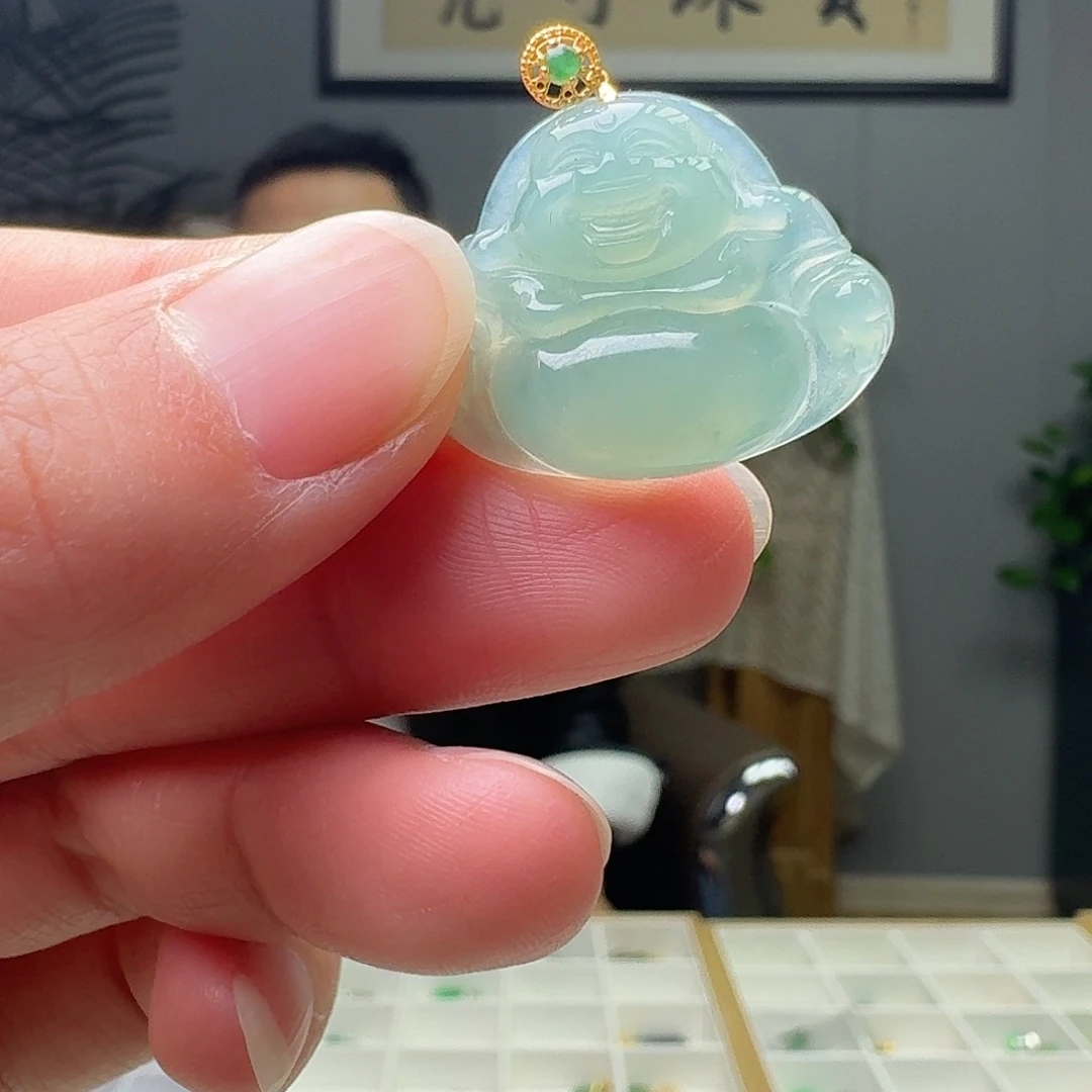 翡翠18K金镶嵌吊坠(不含链)天然