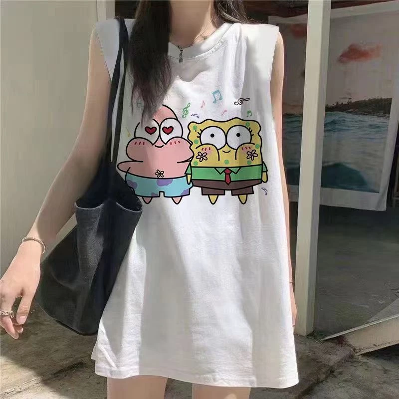 国潮2-300斤无袖胖MM宽松款大码女装背心海绵宝宝卡通印花短袖t恤